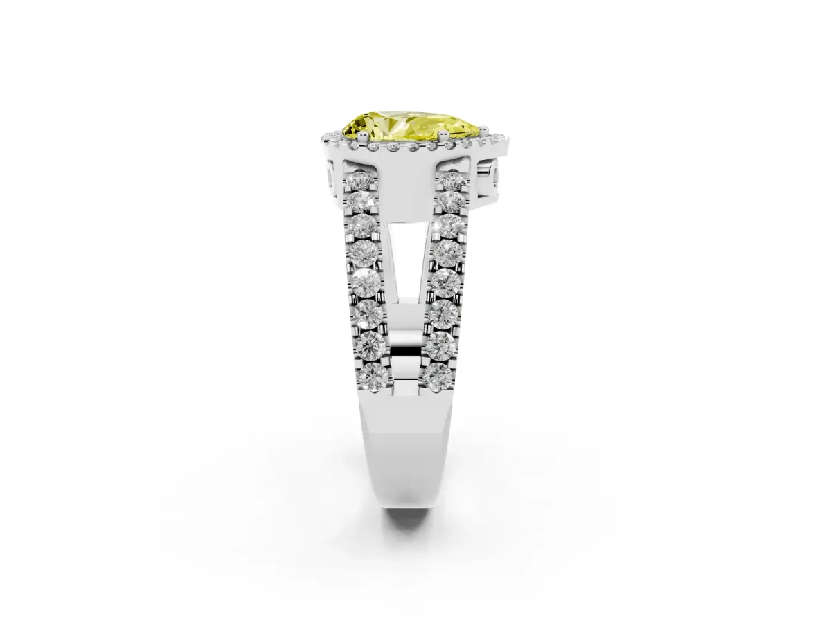 Fancy Yellow Pear Cut Cut Halo Split Shank Diamond Ring with Four-Prong Setting Platinum
