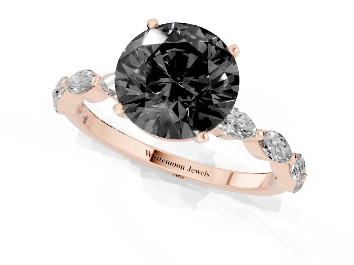 Fancy Black Round Cut Diamond Ring with Marquise Side Stones and Prong Setting Rose gold