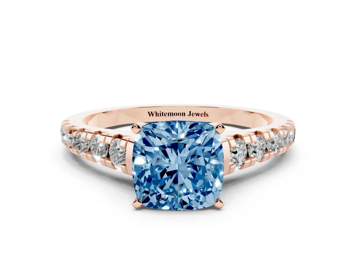 Fancy Blue Cushion Cut Diamond Cathedral Solitaire Ring with Round Pavé Band Rose gold