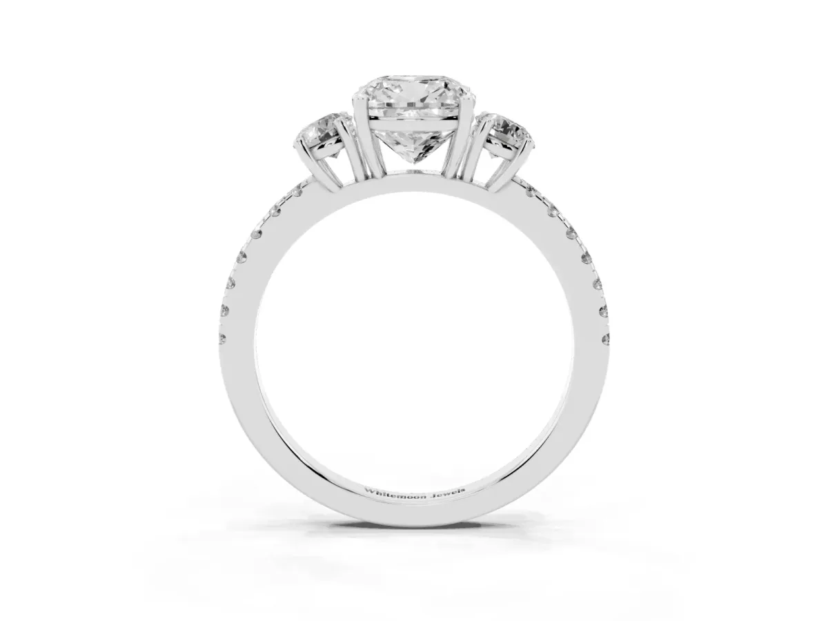Three-Stone Cushion Cut Cut Diamond Pavé Band with Prong Setting White gold