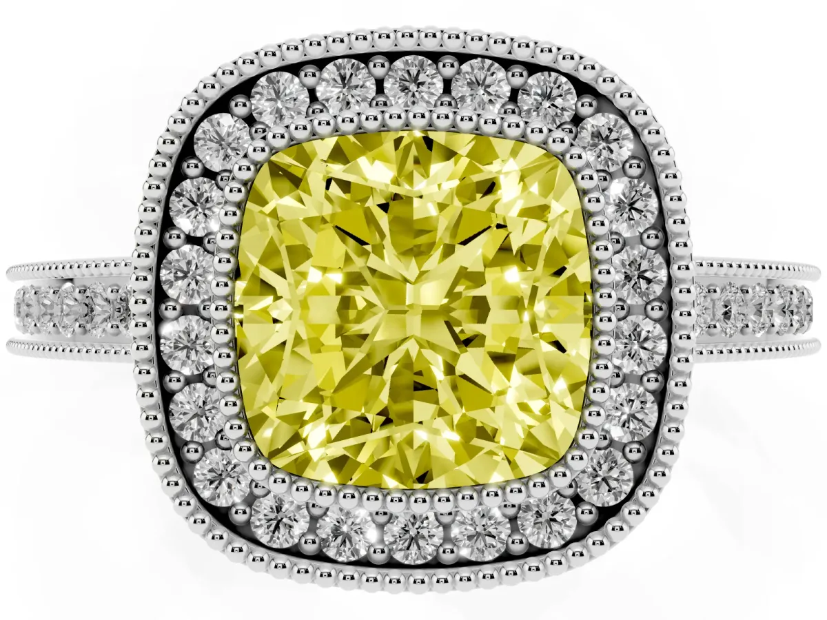 Fancy Yellow Cushion Cut Cut Halo Diamond Ring with Pavé Band and Milgrain Prong Setting Platinum