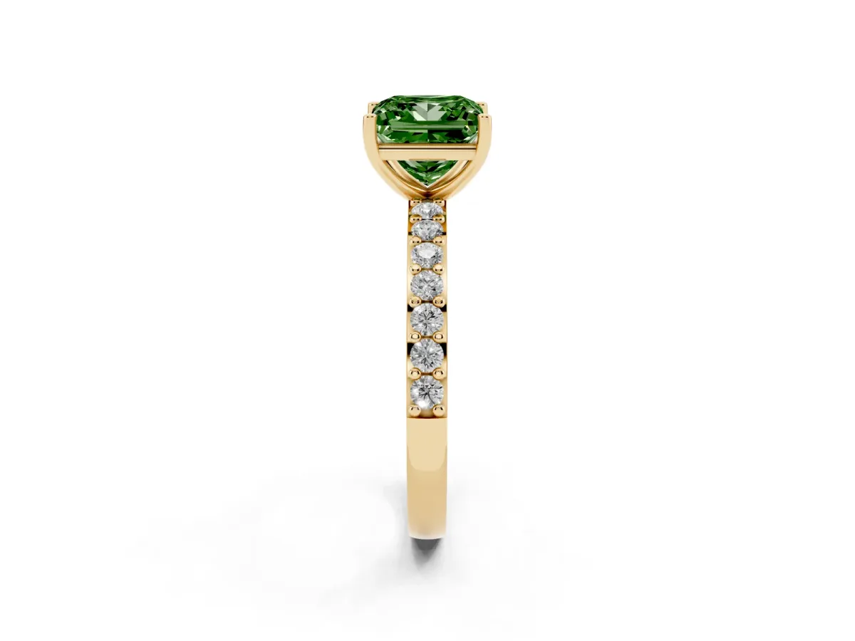 Fancy Green Princess Cut Cut Diamond Solitaire with Pave Band and Four-Prong Setting Yellow gold