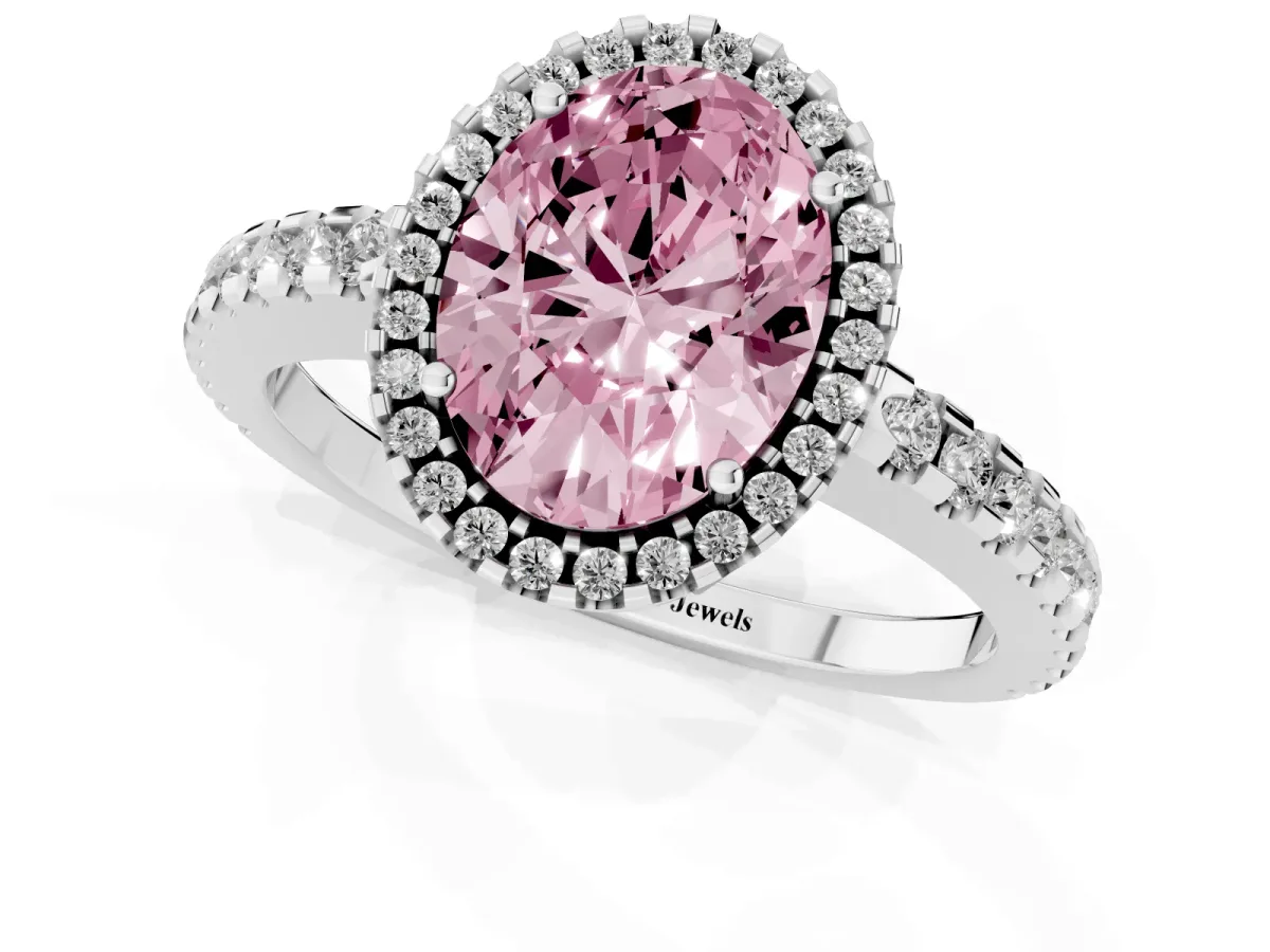 Fancy Pink Oval Cut Diamond Halo Engagement Ring with Pavé Band and Prong Setting Platinum