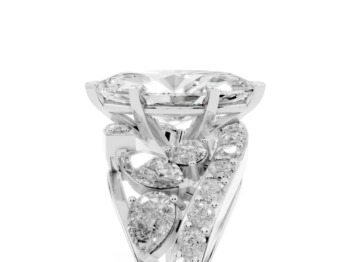 Marquise Cut Diamond Halo Ring with Marquise and Pavé Band in Prong Setting Platinum