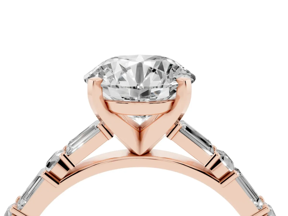 Round Cut Diamond Solitaire with Side Baguettes and Channel Set Band Rose gold