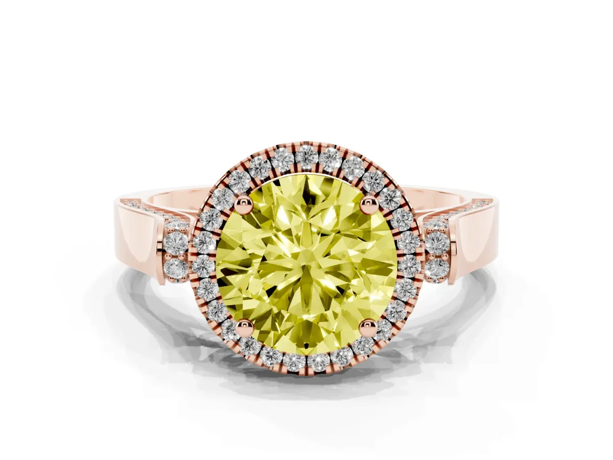 Fancy Yellow Round Cut Halo Round Diamond Twist Band with Four-Prong Setting Rose gold