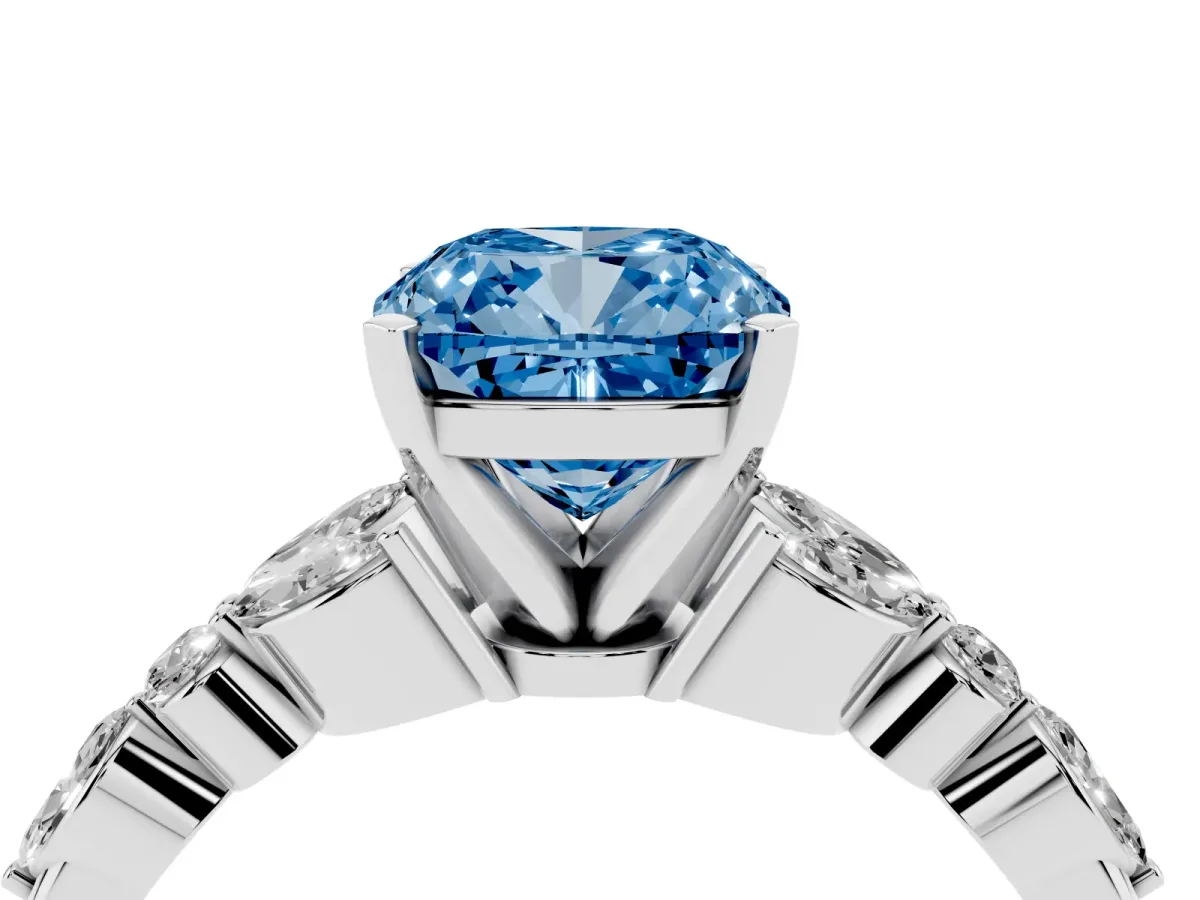 Fancy Blue Cushion Cut Diamond Solitaire Ring with Side Stones and Four-Prong Setting Silver