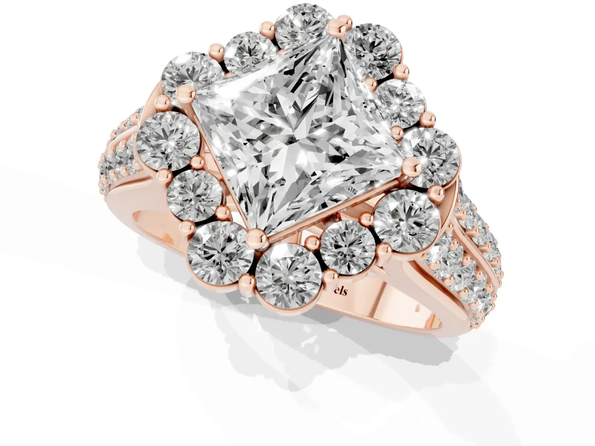 Princess Cut Halo Diamond Engagement Ring with Split Shank and Prong Setting Rose gold
