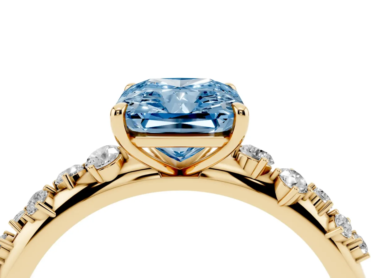 Fancy Blue Radiant Cut Diamond Cluster Prong-Set Solitaire Ring Yellow gold