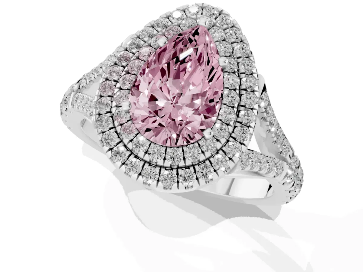 Fancy Pink Pear Cut Diamond Pavé Split Shank Double Halo Engagement Ring Silver