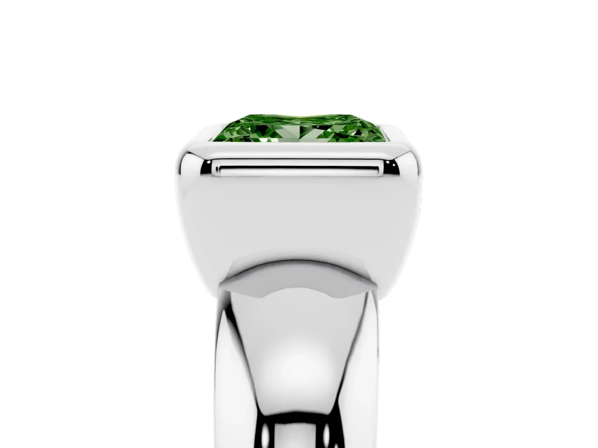 Fancy Green Bezel Set Princess Cut Solitaire Ring with Wide Band Platinum