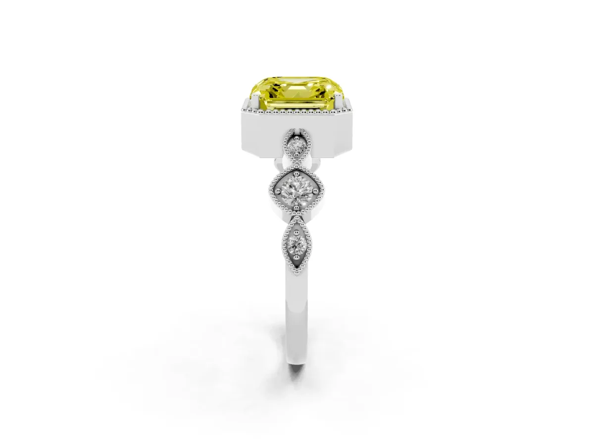 Fancy Yellow Asscher Cut Diamond Vintage Milgrain Ring with Round Stations Platinum