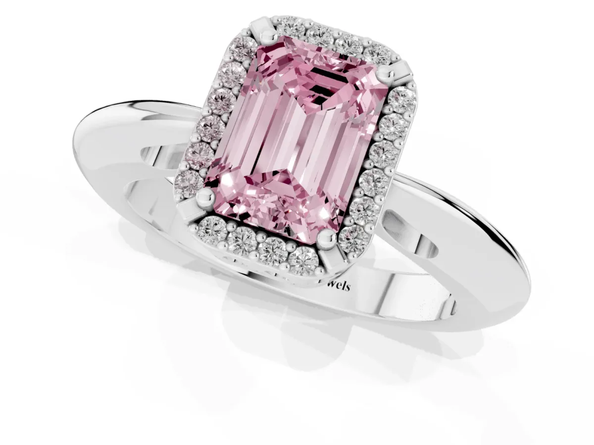 Fancy Pink Emerald Cut Cut Diamond Halo Engagement Ring with Split Shank and Four-Prong Setting Platinum