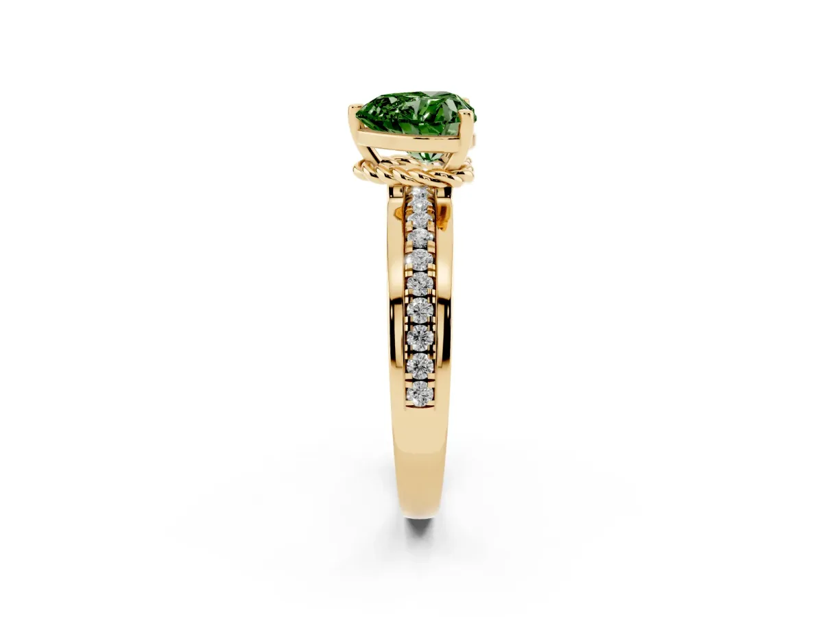 Fancy Green Heart Cut Solitaire Diamond Ring with Channel Set Band and Six-Prong Setting Yellow gold