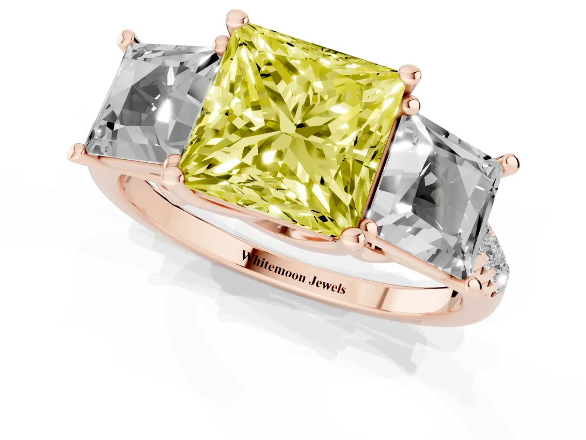 Fancy Yellow Three-Stone Princess Cut Diamond Ring with Round Pavé Band and Prong Setting Rose gold