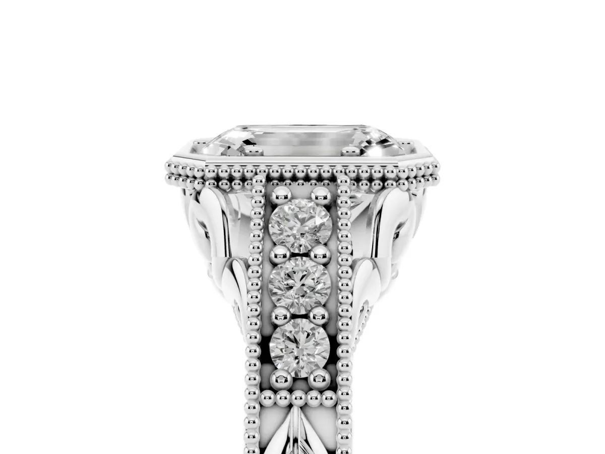 Bezel Set Emerald Cut Diamond Milgrain Pave Engagement Ring Silver