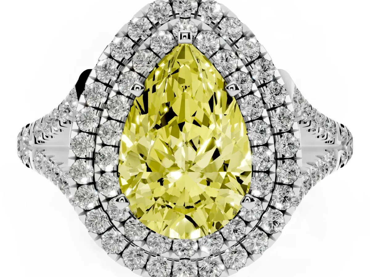 Fancy Yellow Pear Cut Diamond Pavé Split Shank Double Halo Engagement Ring Silver