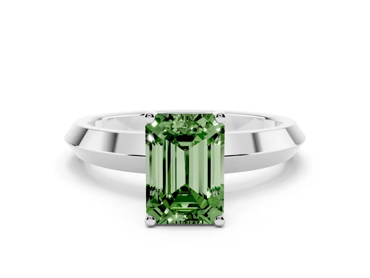 Fancy Green Emerald Cut Cut Solitaire Engagement Ring with Flat Band and Four-Prong Setting Silver
