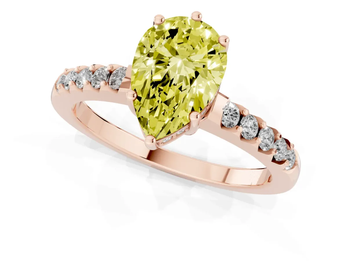 Fancy Yellow Pear Cut Solitaire Diamond Engagement Ring with Pavé Band and Six-Prong Setting Rose gold