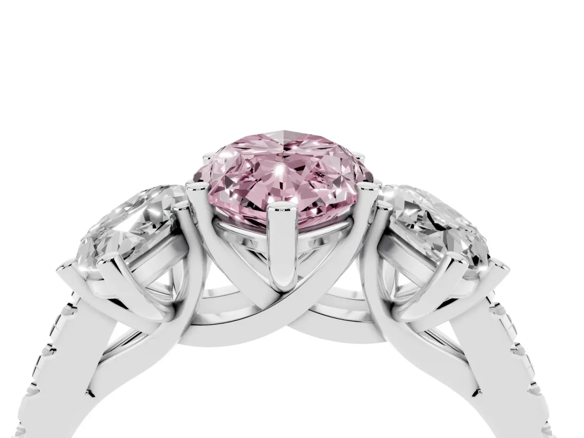Fancy Pink Three-Stone Marquise Cut Diamond Ring with Round Pavé Band and Prong Setting Silver