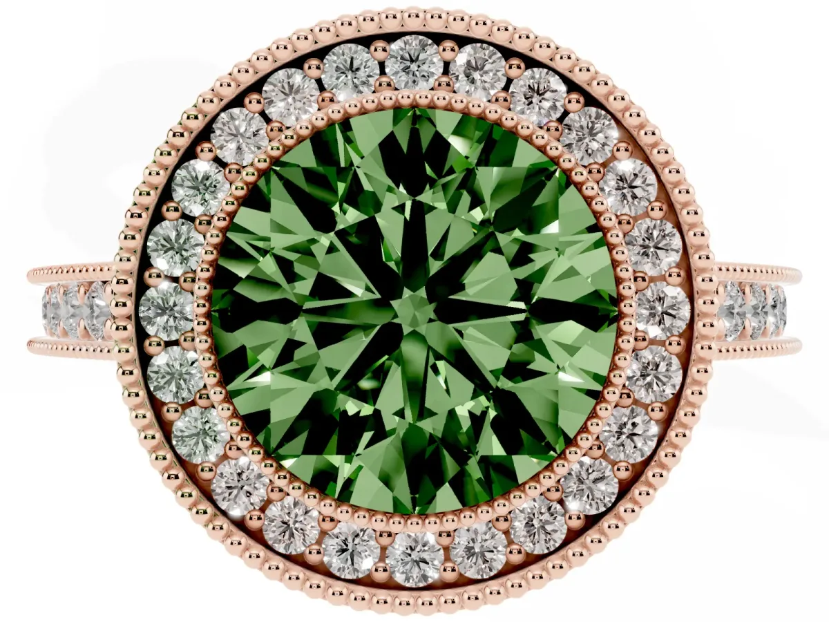 Fancy Green Halo Round Cut-Cut Diamond Pave Band Milgrain Prong Setting Ring Rose gold