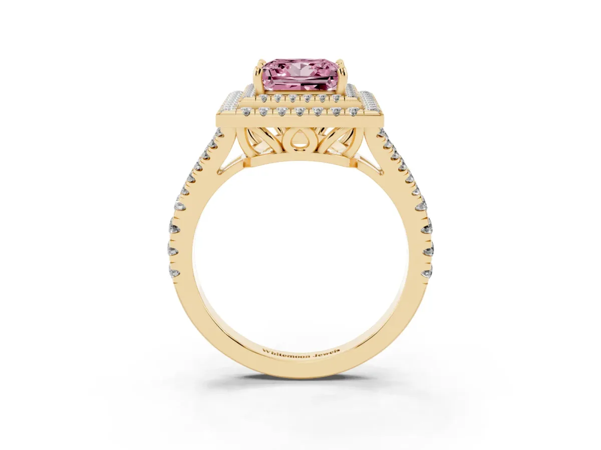 Fancy Pink Princess Cut Diamond Double Halo Ring with Pavé Band and Prong Setting Yellow gold