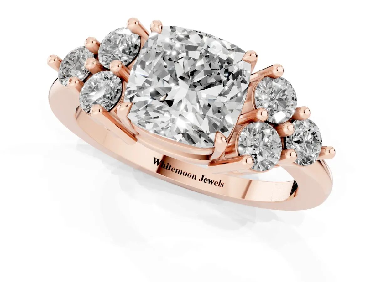 Cushion Cut Brilliant Diamond Cluster Accent Solitaire Ring with Prong Setting Rose gold