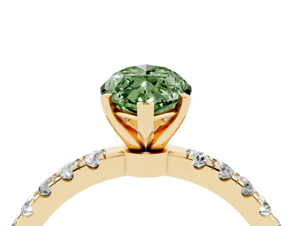 Fancy Green Marquise Cut Diamond Solitaire Ring with Pavé Accents and Four-Prong Setting Yellow gold