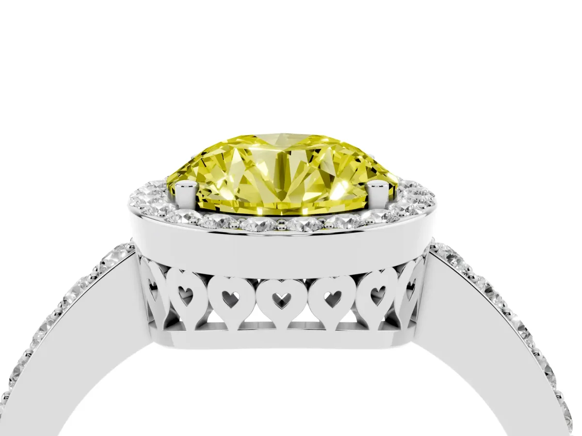 Fancy Yellow Round Cut Halo Diamond Pavé Band Ring with Prong Setting Silver