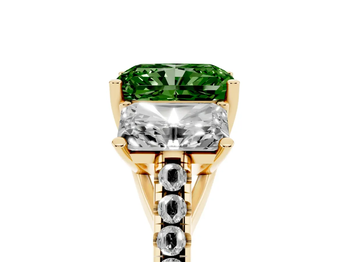 Fancy Green Three-Stone Radiant Cut Diamond Ring with Round Pavé Band and Prong Setting Yellow gold