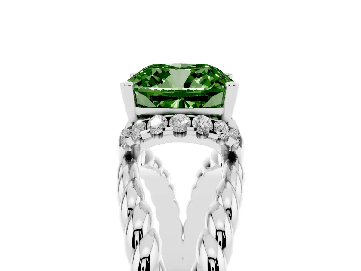 Fancy Green Cushion Cut Halo Twisted Band Four-Prong Ring Silver