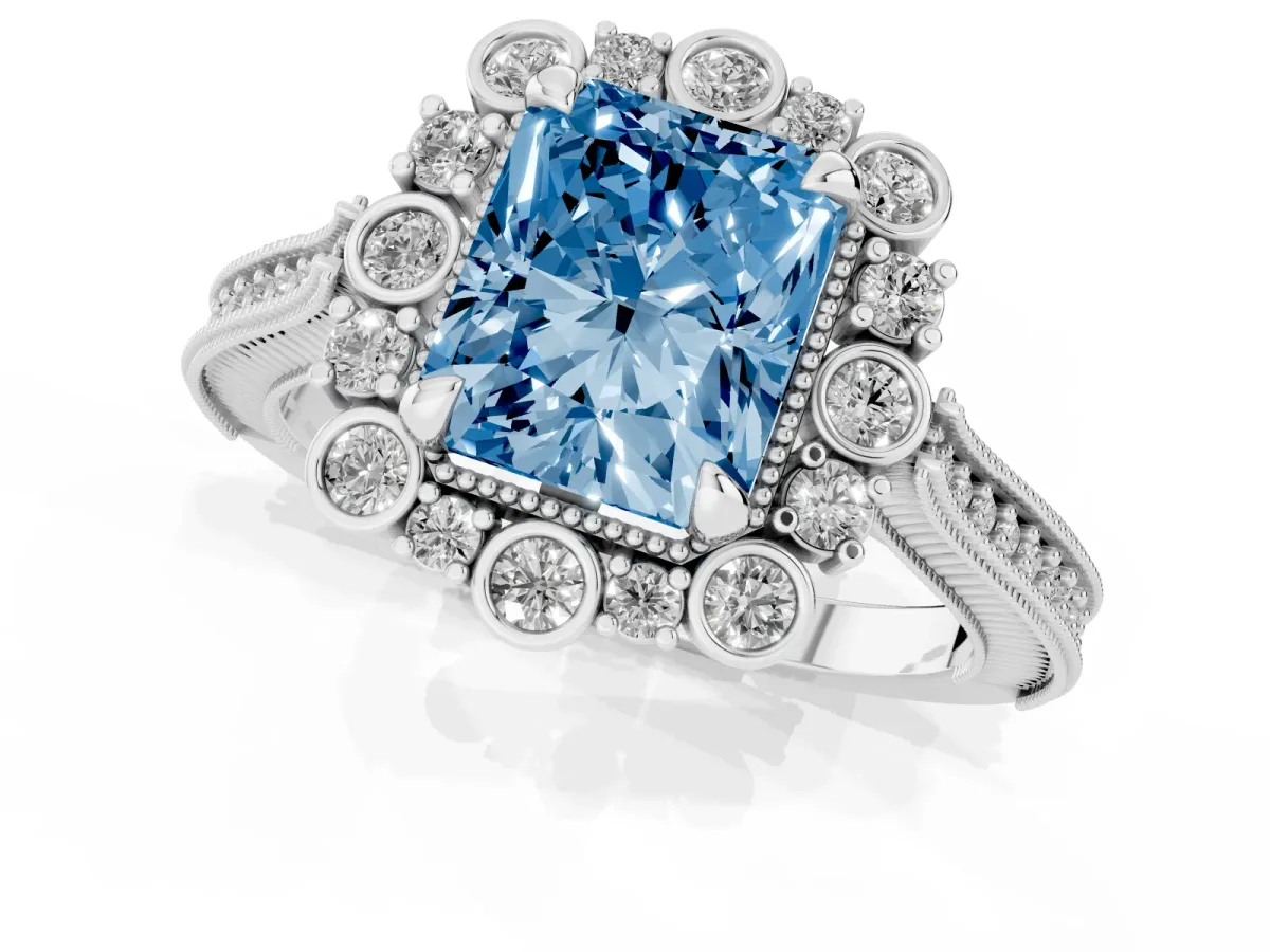Fancy Blue Radiant Cut Halo Milgrain Pave Diamond Ring with Four-Prong Setting Silver