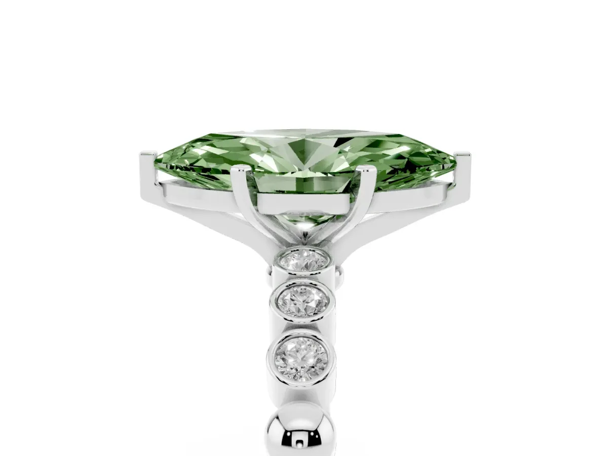 Fancy Green Marquise Cut Solitaire Bezel Accent Diamond Engagement Ring with Beaded Band and Four-Prong Setting Silver