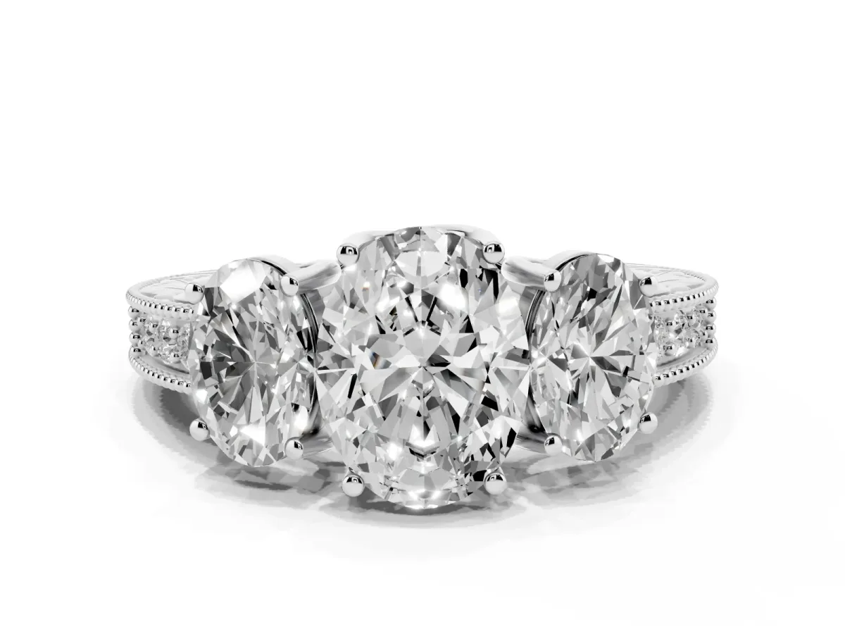 Three-Stone Oval Cut Cut Milgrain Pavé Engagement Ring White gold