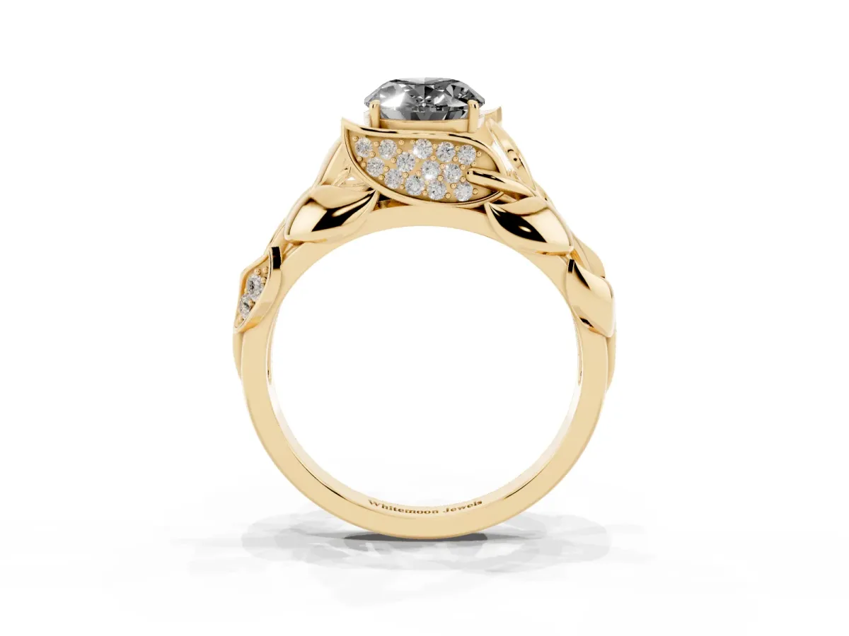 Fancy Black Oval Cut Diamond Leaf-Inspired Engagement Ring with Round Accents and Prong Setting Yellow gold
