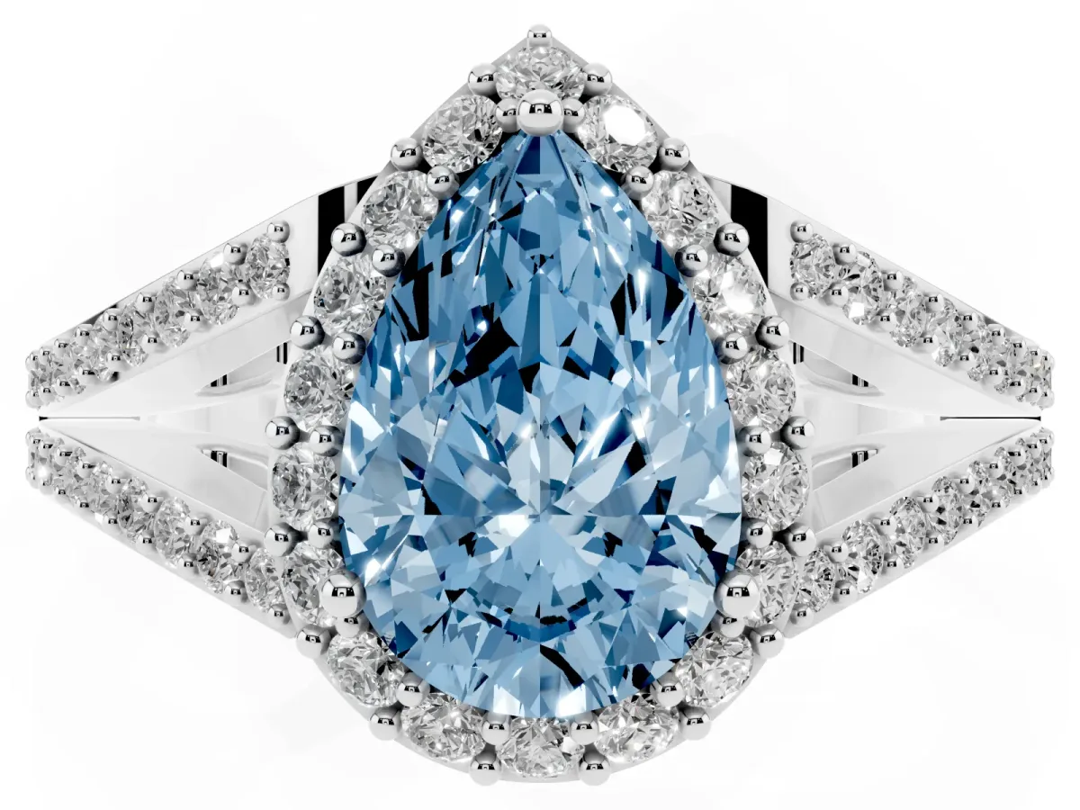 Fancy Blue Pear Cut Halo Split Shank Diamond Ring with Prong Setting Platinum