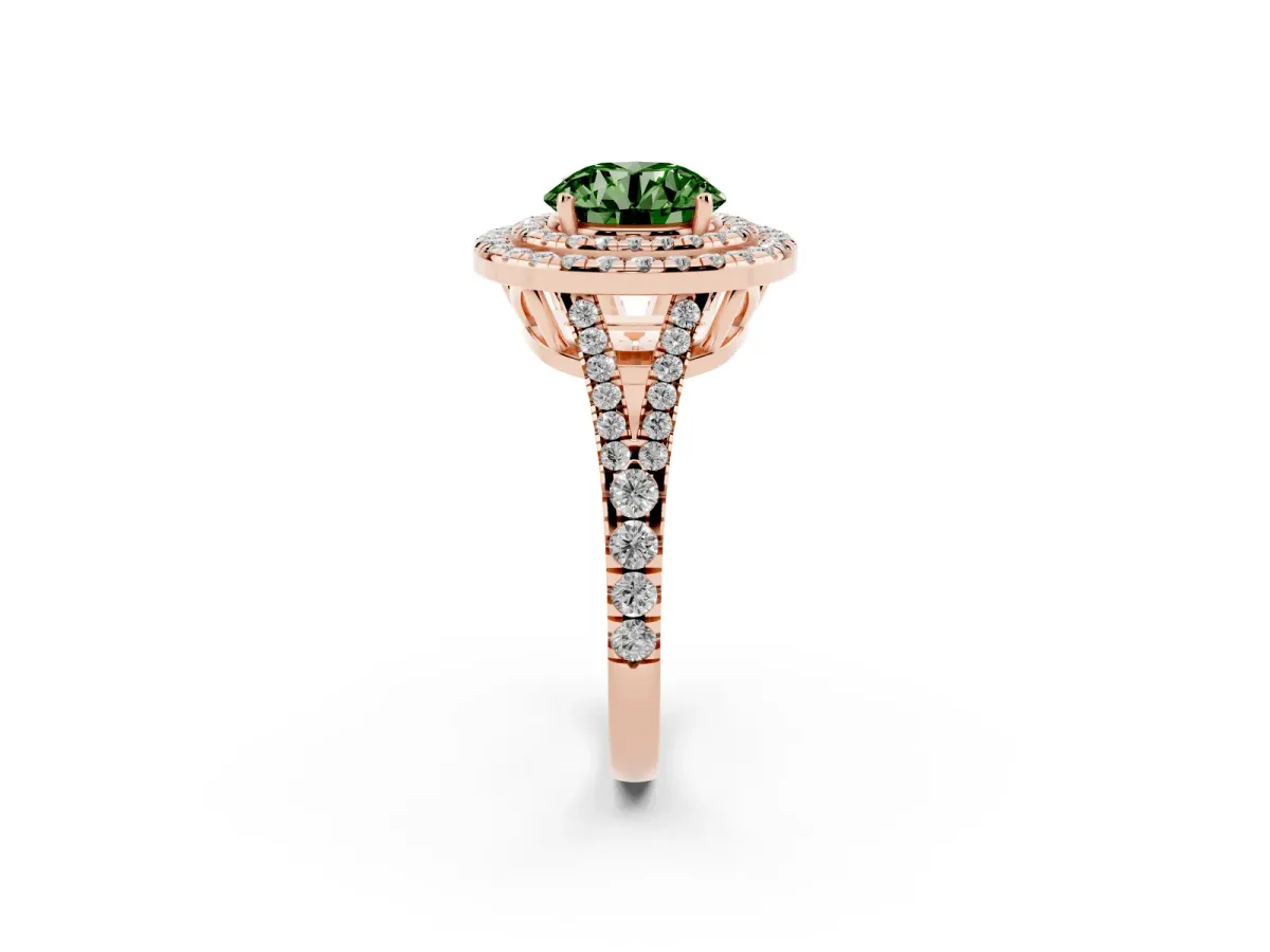 Fancy Green Round Cut Diamond Double Halo Ring with Pavé Band and Prong Setting Rose gold