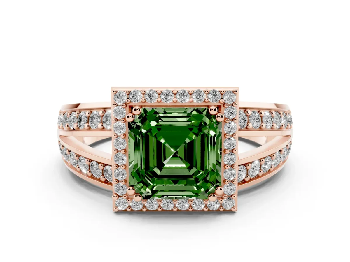 Fancy Green Asscher Cut Diamond Halo Ring with Split Shank Pavé Band and Four-Prong Setting Rose gold