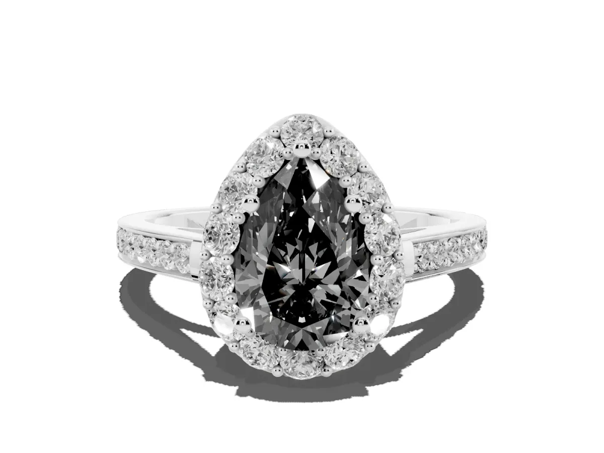 Fancy Black Pear Cut Diamond Floral Halo Ring with Pavé Band and Prong Setting Silver