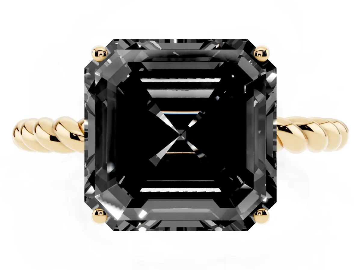 Fancy Black Asscher Cut Solitaire Twisted Band 4-Prong Ring Yellow gold