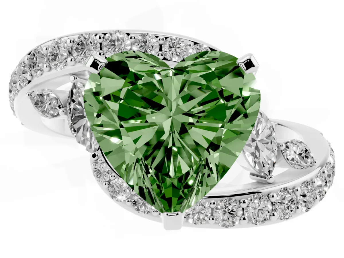 Fancy Green Heart Cut Solitaire with Pavé Twist Band and Four-Prong Setting Platinum