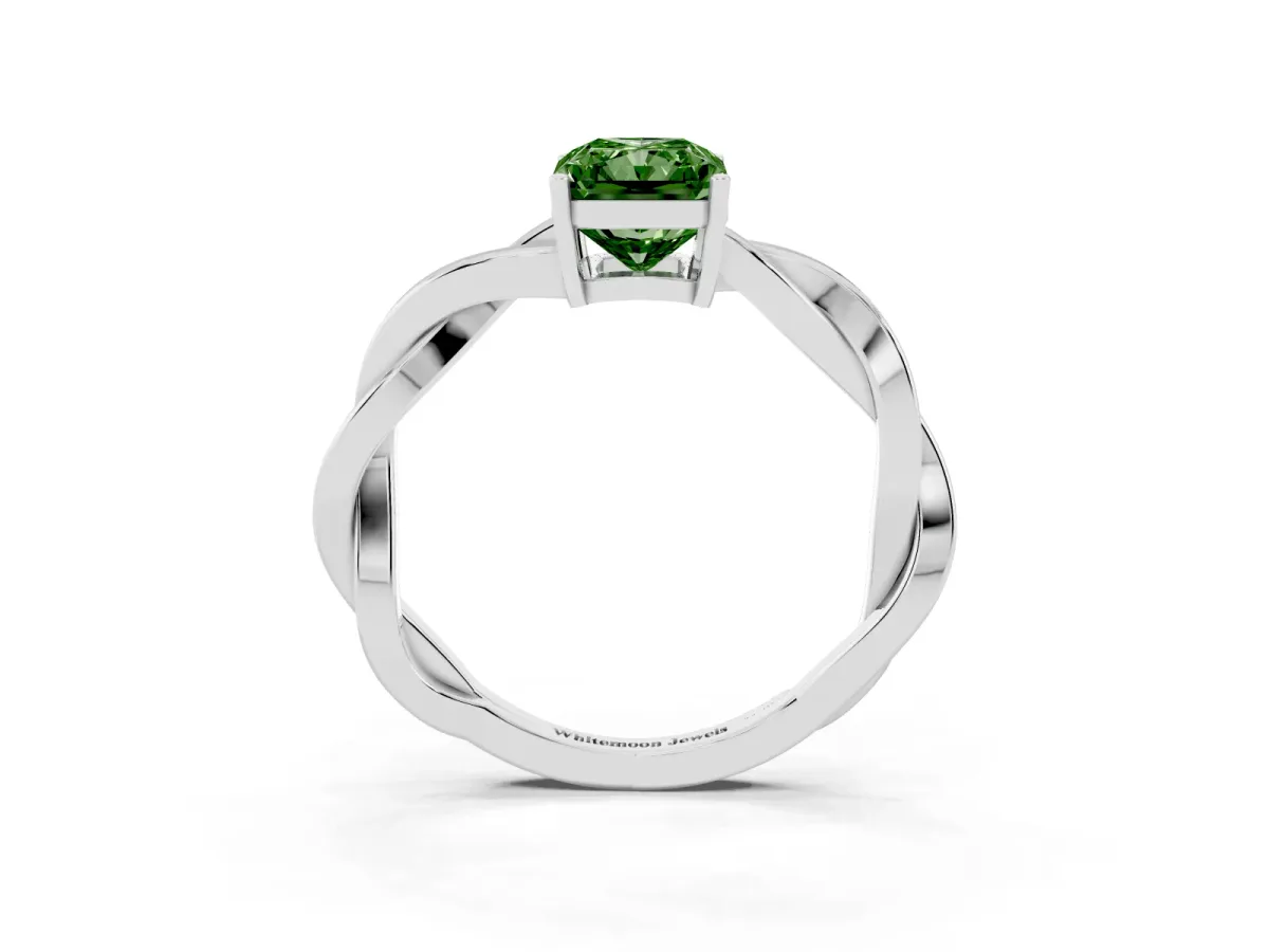Fancy Green Radiant Cut Solitaire Twisted Pave Diamond Ring with Four-Prong Setting White gold