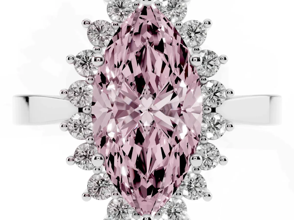 Fancy Pink Marquise Cut Cut Diamond Halo Ring with Round Brilliant Halo and Solitaire Band Platinum