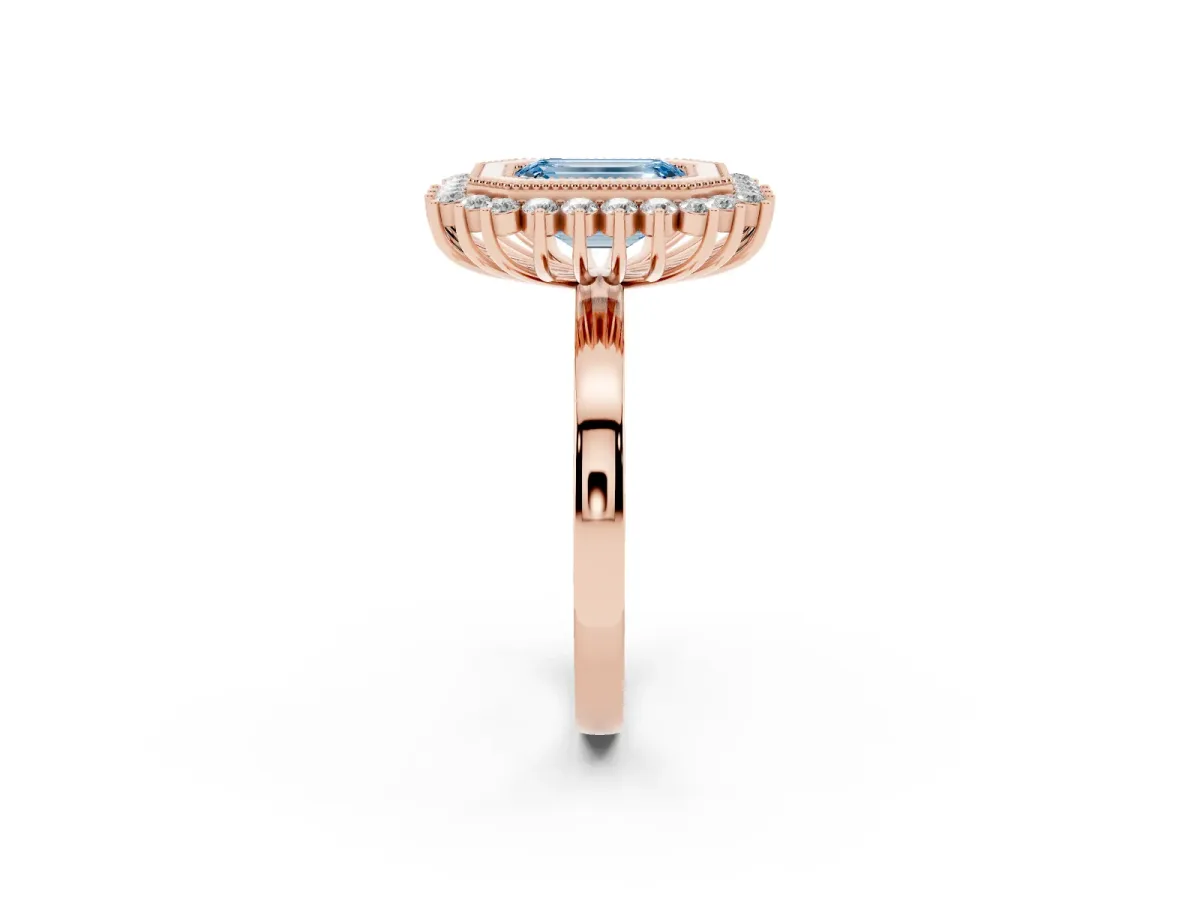 Fancy Blue Emerald Cut Halo Diamond Ring with Milgrain Edge and Round Prong Setting Rose gold