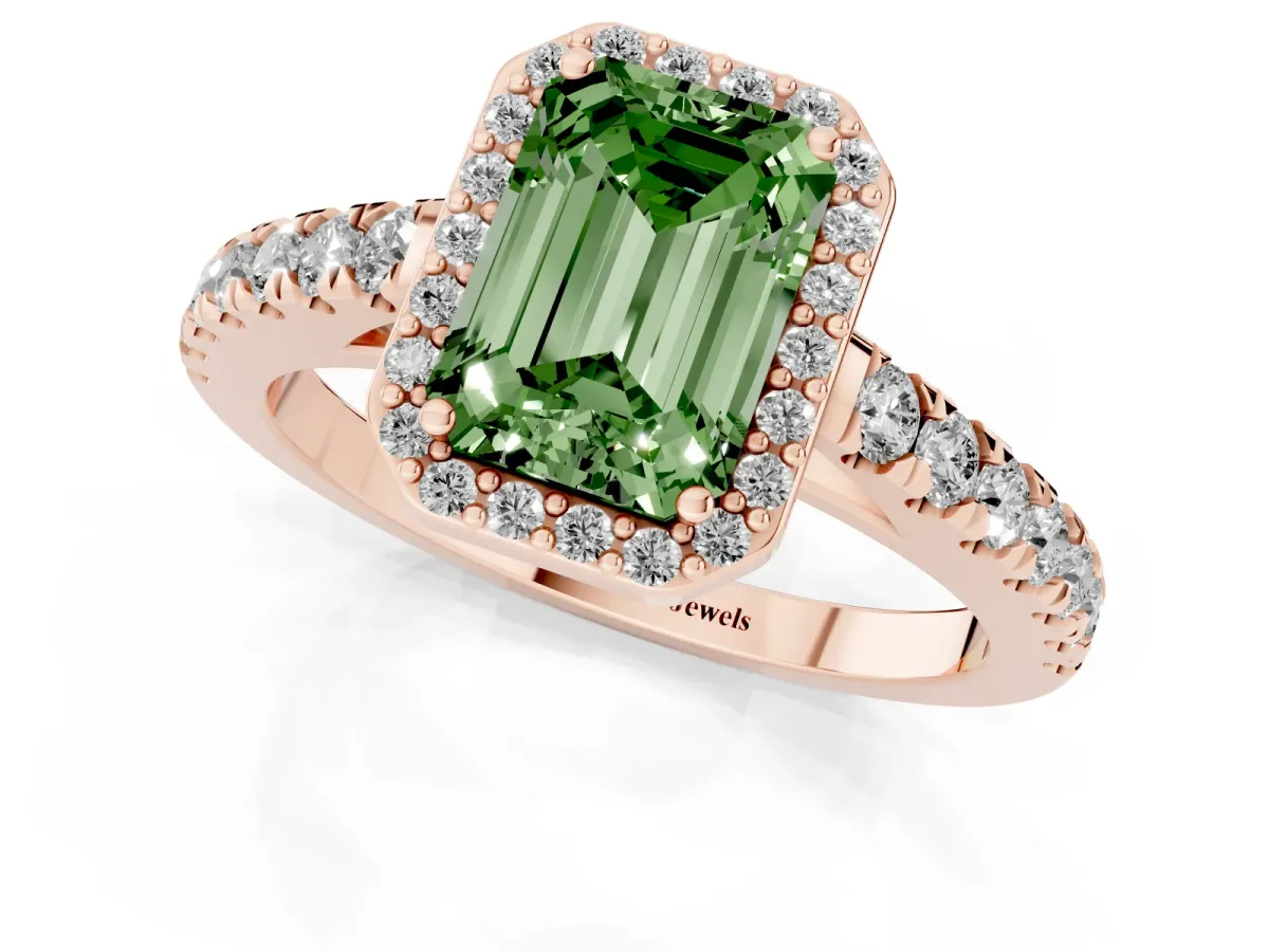 Fancy Green Emerald Cut Cut Halo Diamond Engagement Ring with Pave Band and Four-Prong Setting Rose gold
