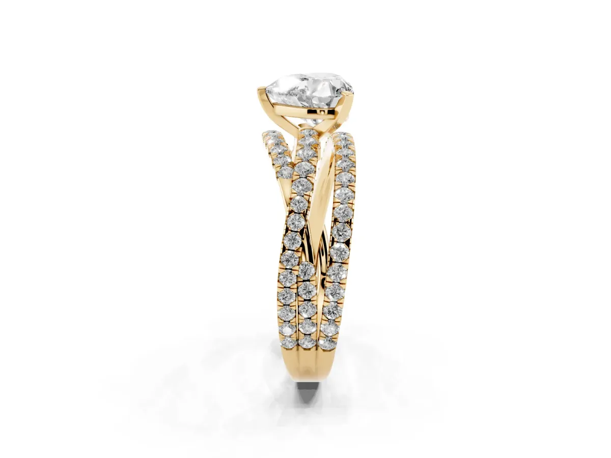 Heart Cut Solitaire Twist Band with Pavé Setting and Four-Prong Setting Yellow gold