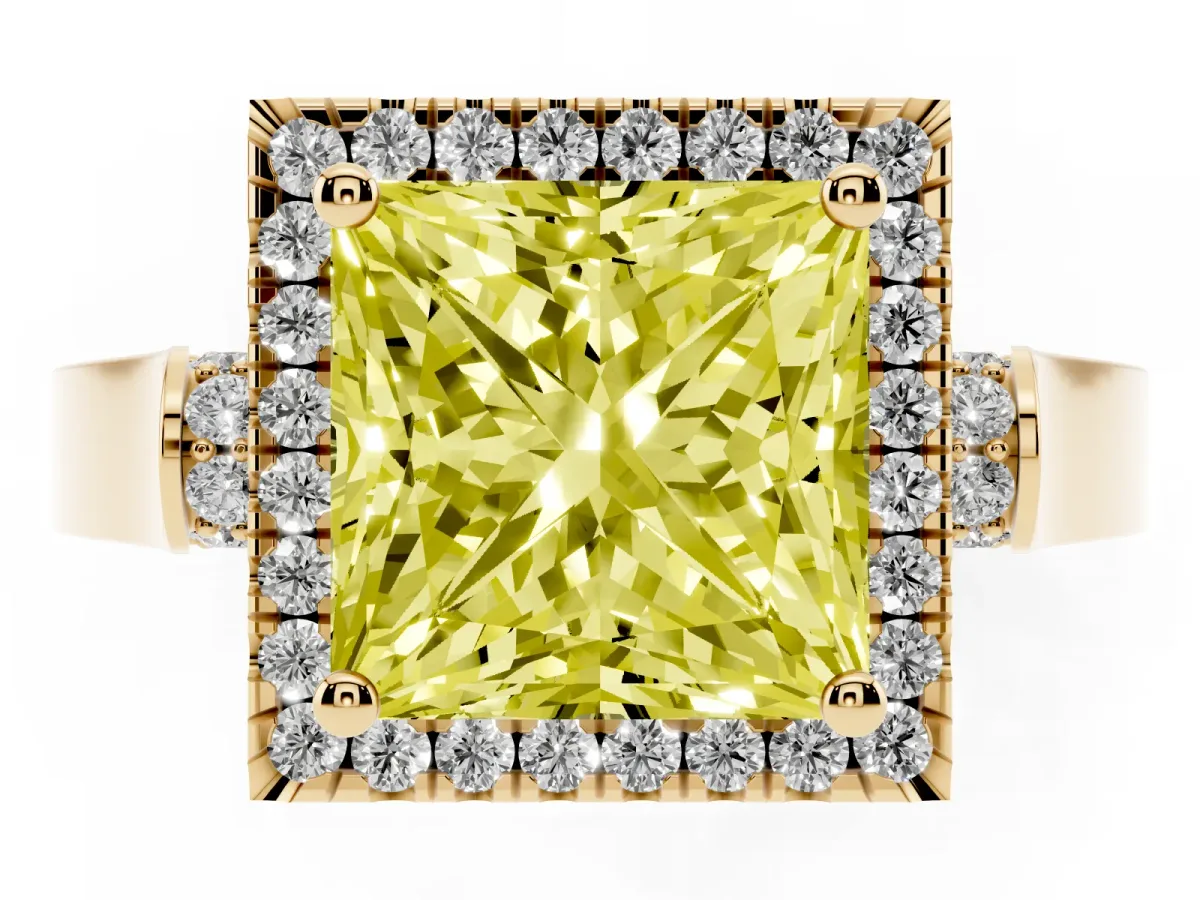Fancy Yellow Princess Cut Halo Round Diamond Twist Band with Four-Prong Setting Yellow gold