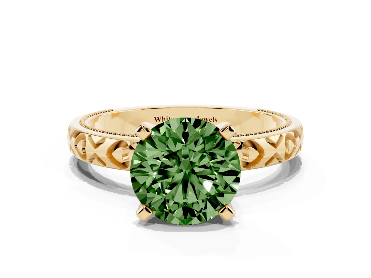 Fancy Green Round Cut Solitaire Diamond Engagement Ring with XO Engraved Band and Four-Prong Setting Yellow gold