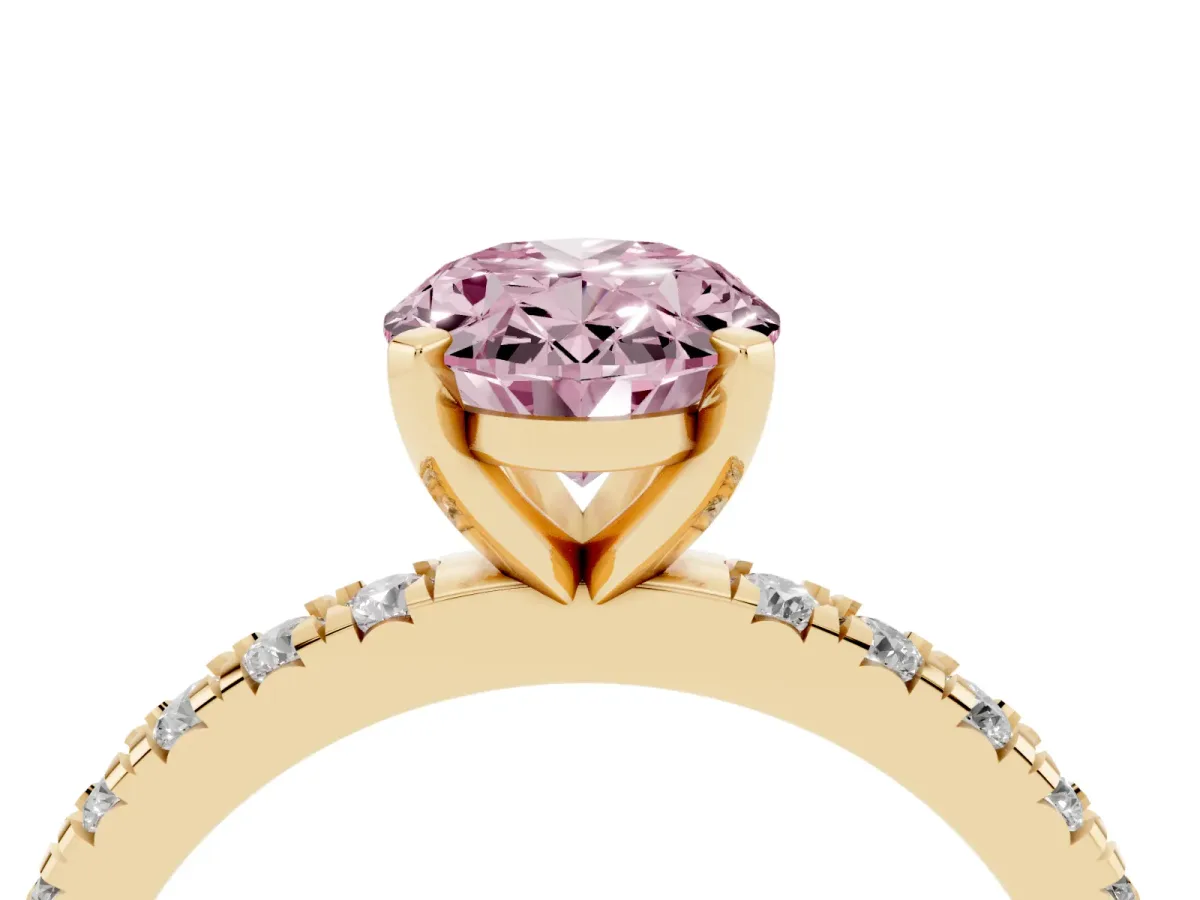 Fancy Pink Oval Cut Diamond Pavé Band Solitaire with Four-Prong Setting Yellow gold