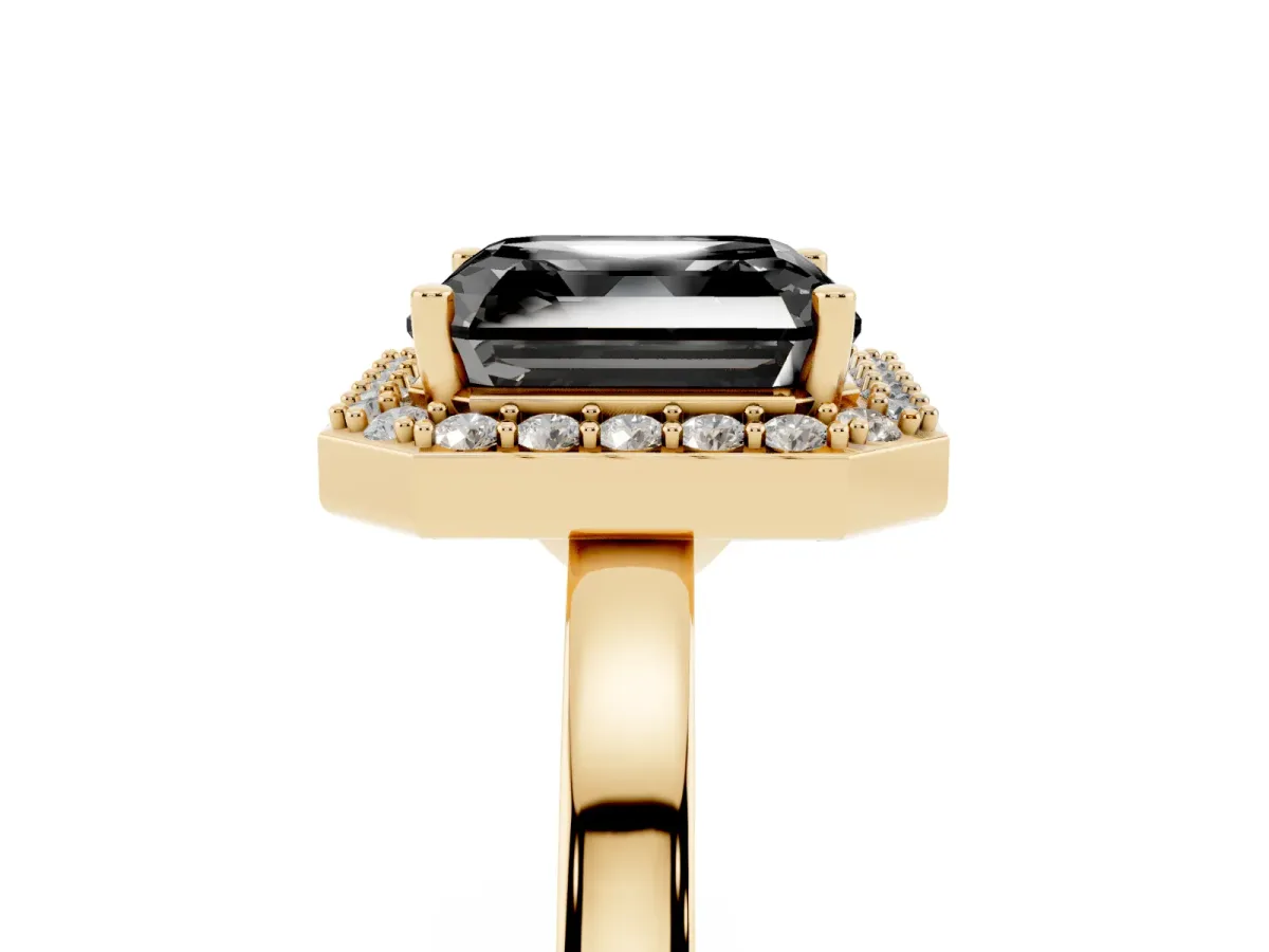 Fancy Black Asscher Cut Halo Diamond Ring with Solitaire Band and Prong Setting Yellow gold